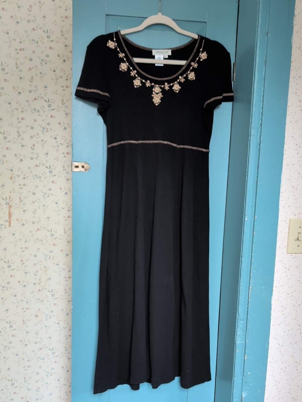 Coldwater Creek Maxi Dress Black Embellished Wood Beads Short-Sleeve SP Boho
